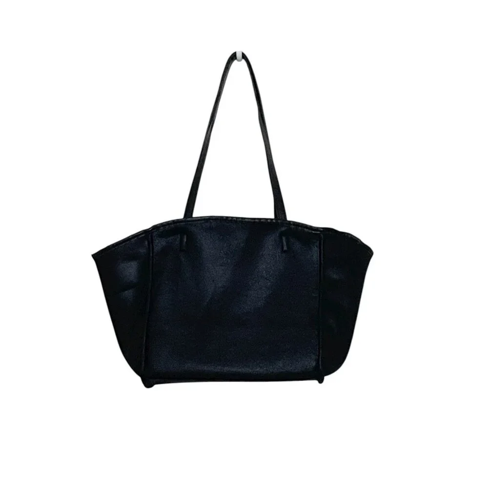Neiman Marcus Black Faux Leather Reversible Sherpa Lined Large Tote Shoulder Bag